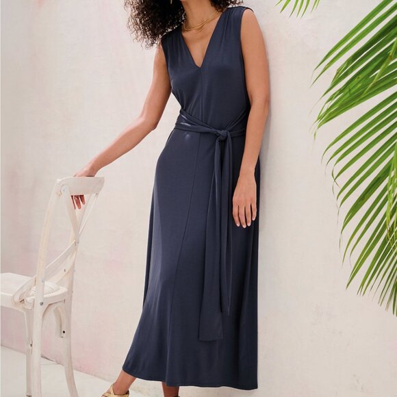 NWT Garnet Hill Tie Waist Knit Maxi Dress Brown Tencel Lyocell Size XL - Picture 2 of 11